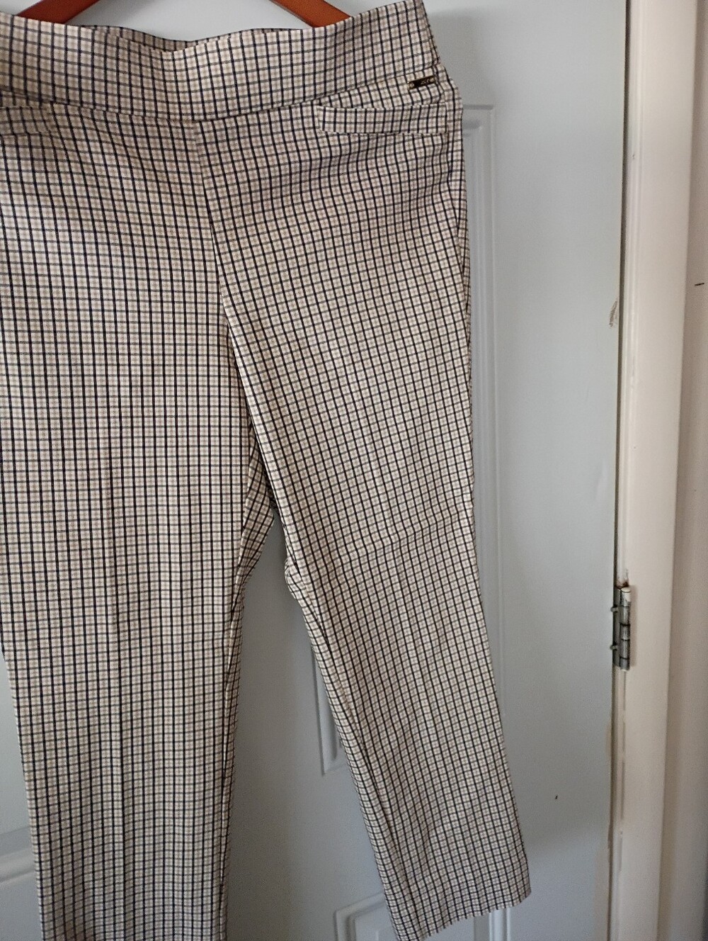 Classic Womans Beige Checked Dress Pants. Front Pockets.